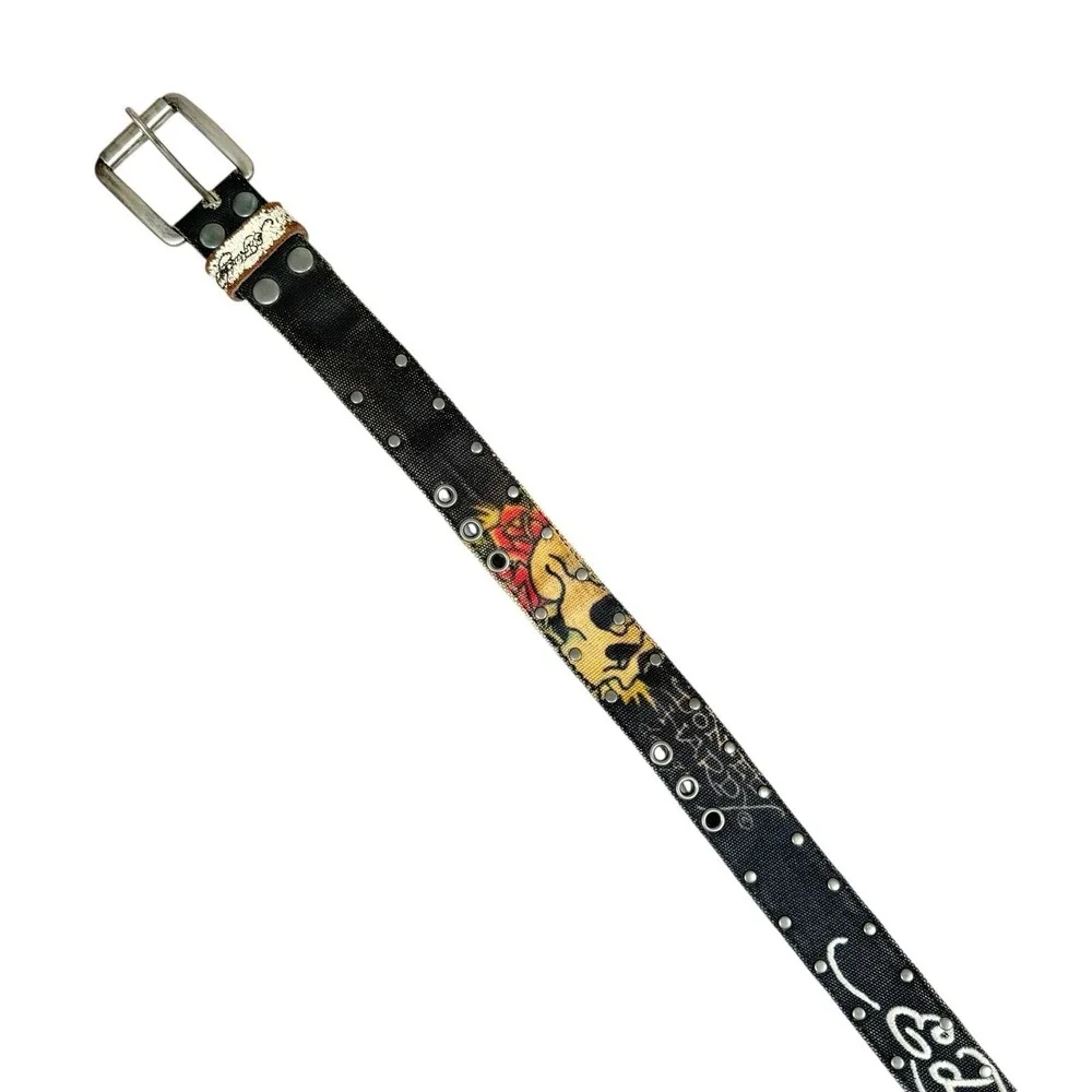 Vintage ED HARDY Embroidered Black Canvas Belt - Measures 49.5